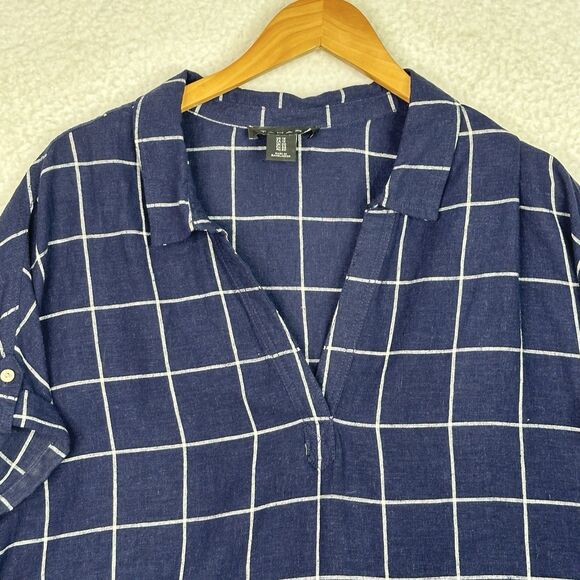 Tahari Blouse Womens 1X Navy White Windowpane Linen Blend Tunic Top Coastal - Picture 2 of 12